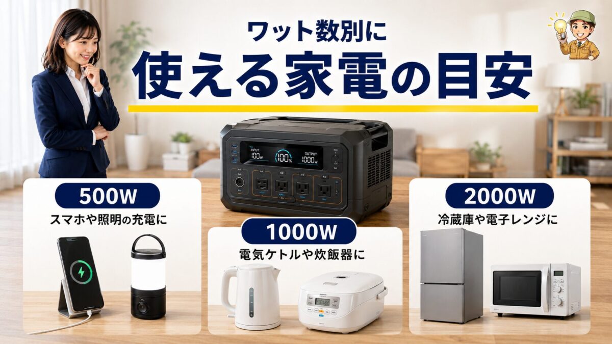 500W・1000W・2000Wで使える家電の違いを示した画像