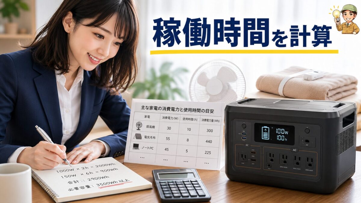 ポータブル電源の稼働時間を計算する様子を表した画像