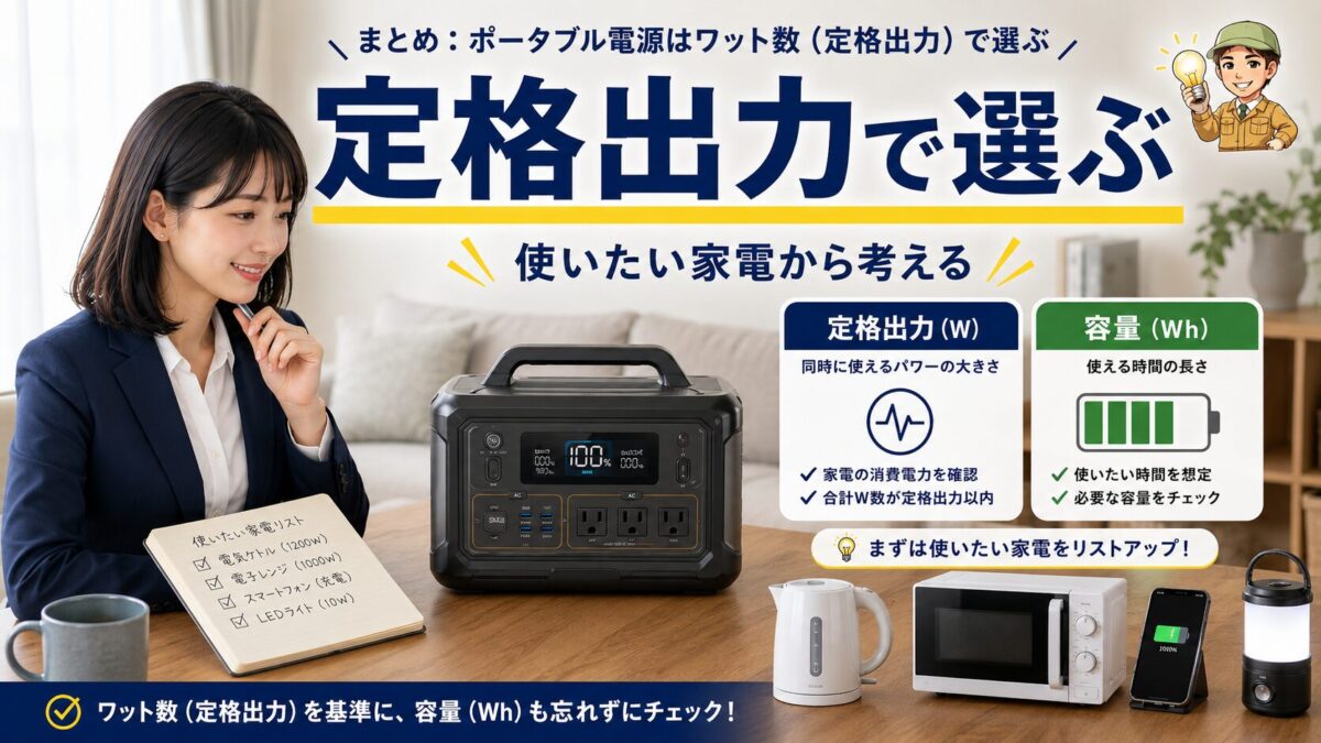ポータブル電源は定格出力で選ぶことを示すまとめ画像