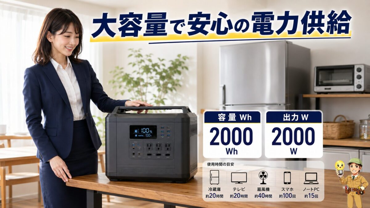 2000Whクラスのポータブル電源について容量と出力の基本をわかりやすく示した画像