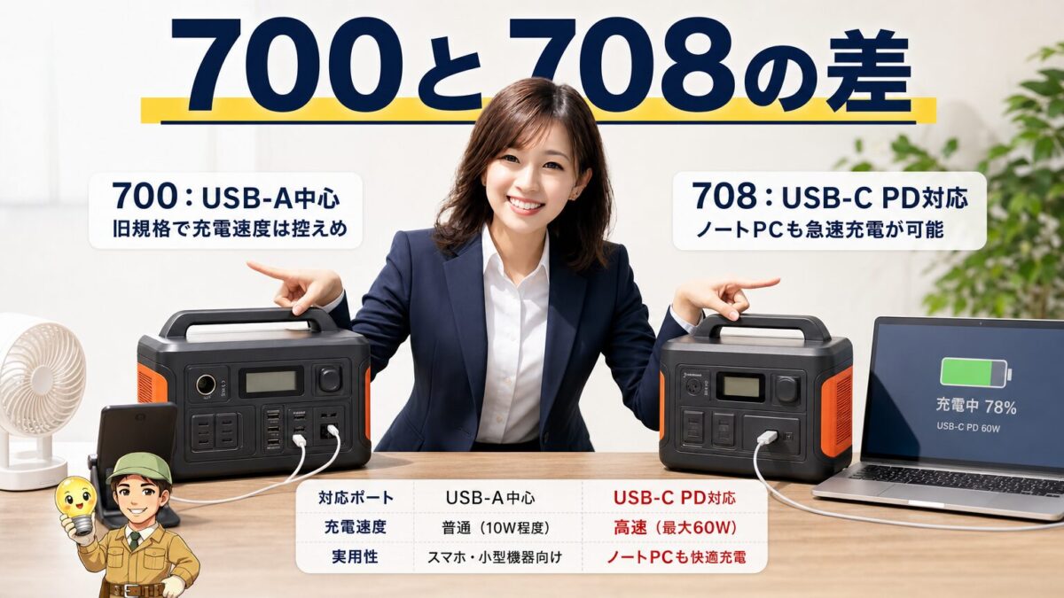 Jackery 700と708の違いを比較する画像