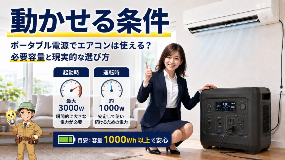 エアコンをポータブル電源で動かすための出力と容量を確認する場面