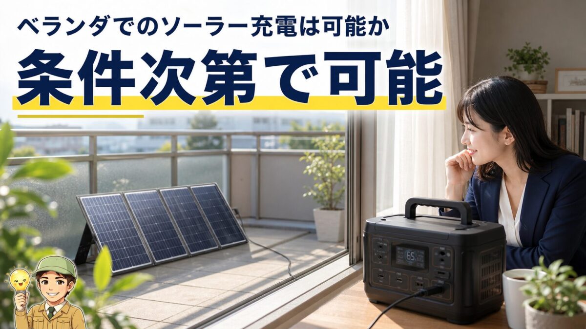 ベランダでソーラーパネルを使いポータブル電源を充電する条件を示す画像