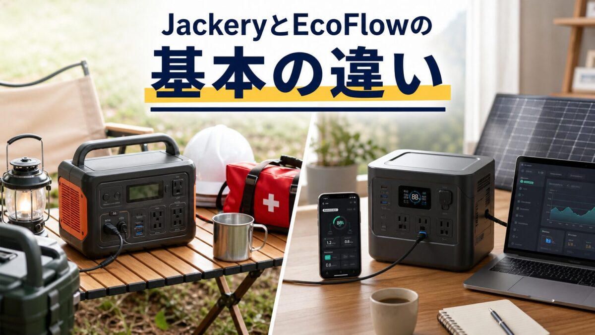 JackeryとEcoFlowの基本的な違いをアウトドアとスマート電源管理で表した画像
