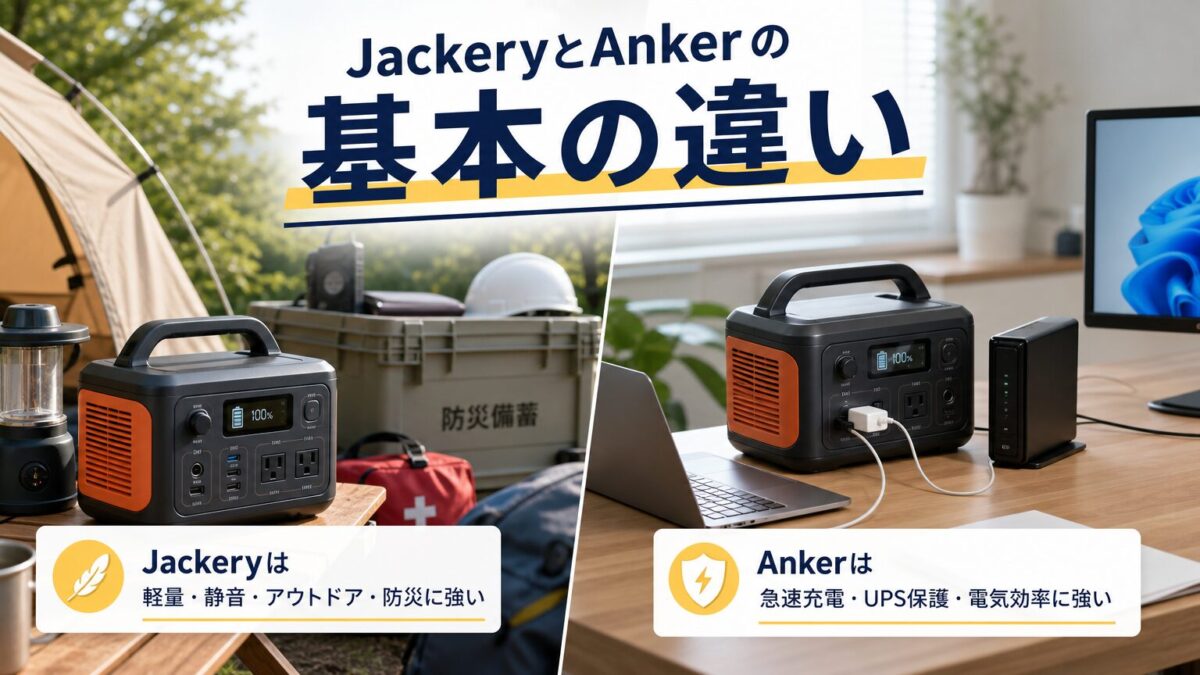 JackeryとAnkerの基本的な違いをアウトドアとホームオフィスで表現した画像