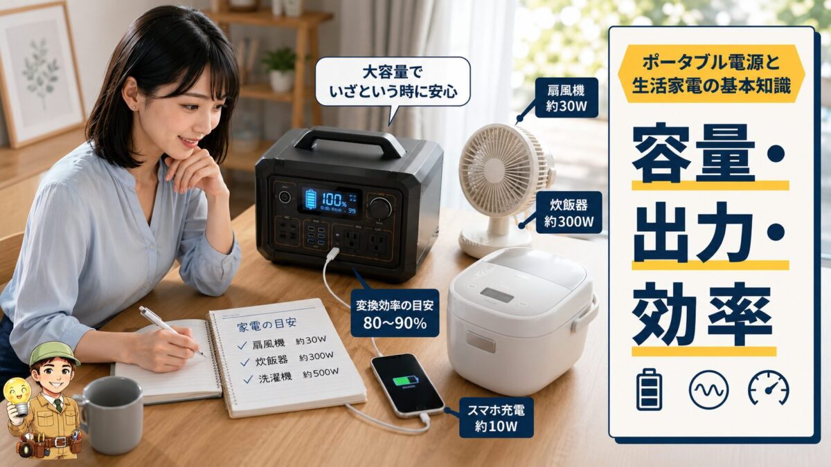 ポータブル電源の容量・出力・変換効率を家電使用前に確認するイメージ画像