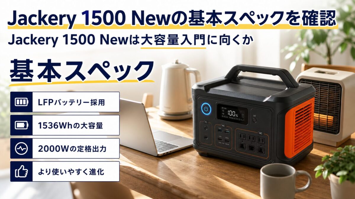 Jackery 1500 Newの容量や出力など基本スペックを確認するイメージ画像