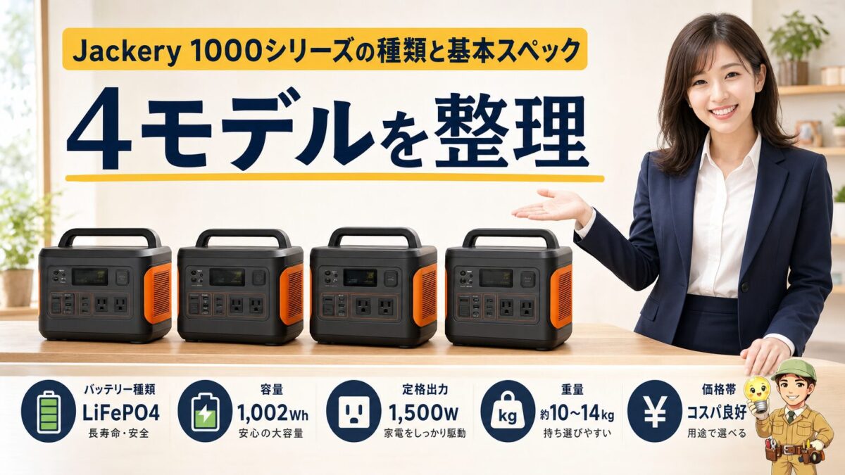 Jackery1000シリーズの種類と基本スペックを比較する画像