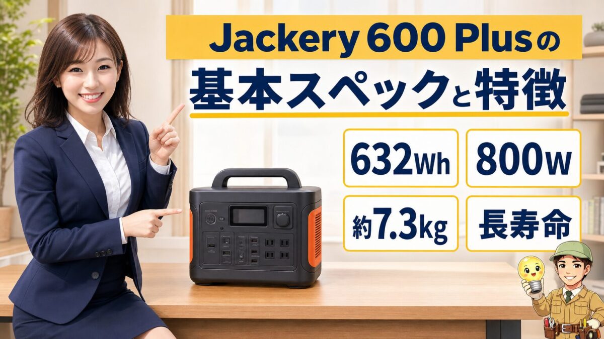 Jackery 600 Plusの容量・出力・重量など基本スペックを示す画像