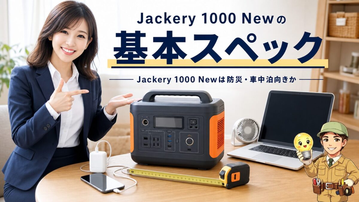 Jackery 1000 Newの容量や出力ポートなど基本スペックを示す画像