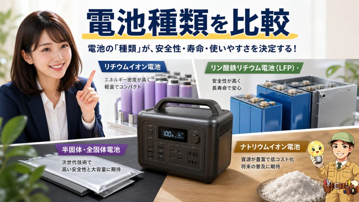 ポータブル電源の主要な電池種類を比較するセクション画像