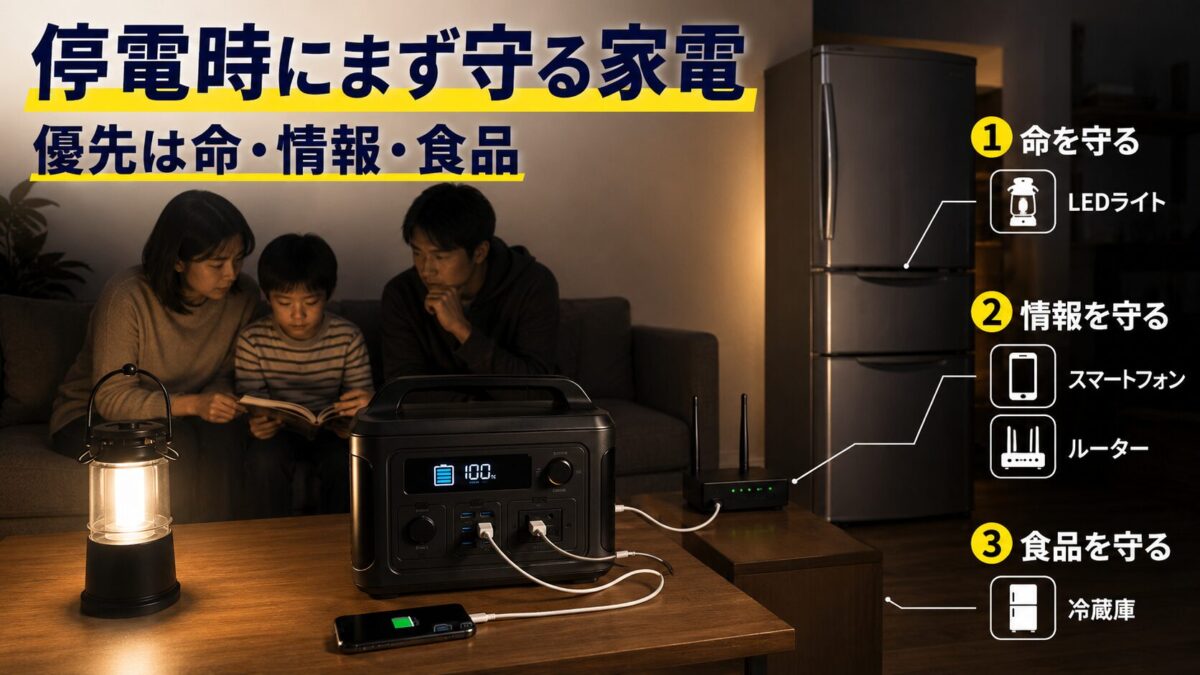 停電時に優先して守る冷蔵庫、スマホ、照明、通信機器のイメージ