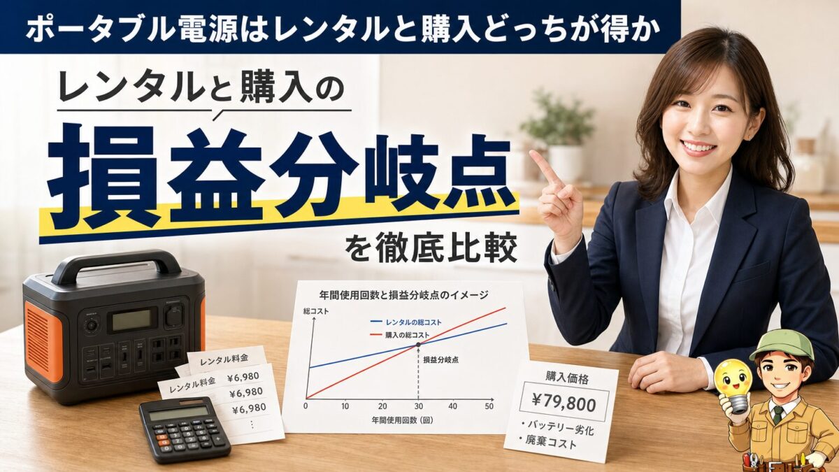 ポータブル電源のレンタルと購入の損益分岐点を比較する画像