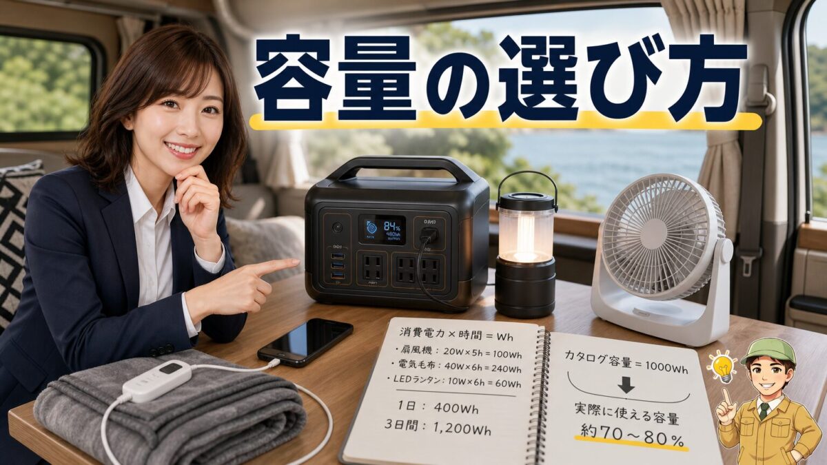 車中泊用ポータブル電源の容量を家電と使用時間から選ぶイメージ