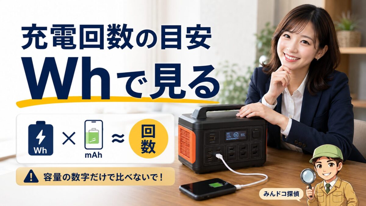 ポータブル電源の容量とスマホ充電回数の目安をWhで考えることを示す画像