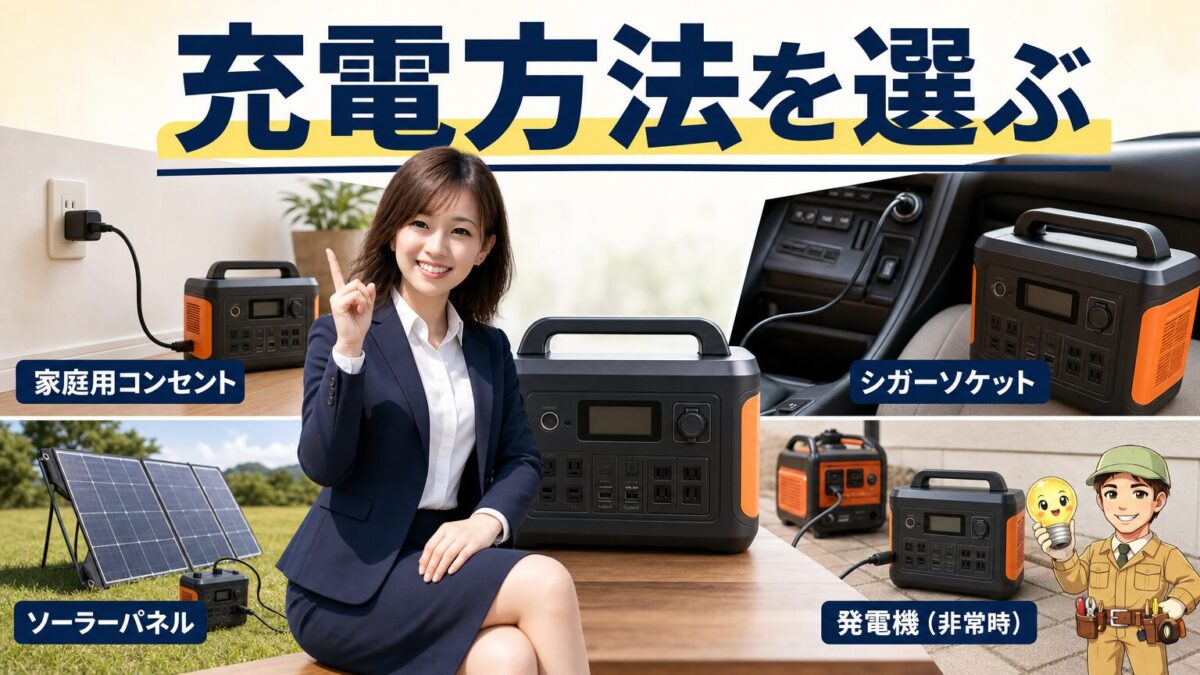 ポータブル電源の充電方法を種類別に比較するイメージ画像