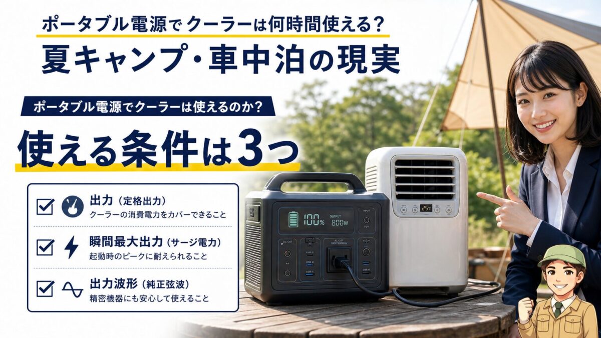 ポータブル電源でクーラーを使うための出力や波形条件を示す画像