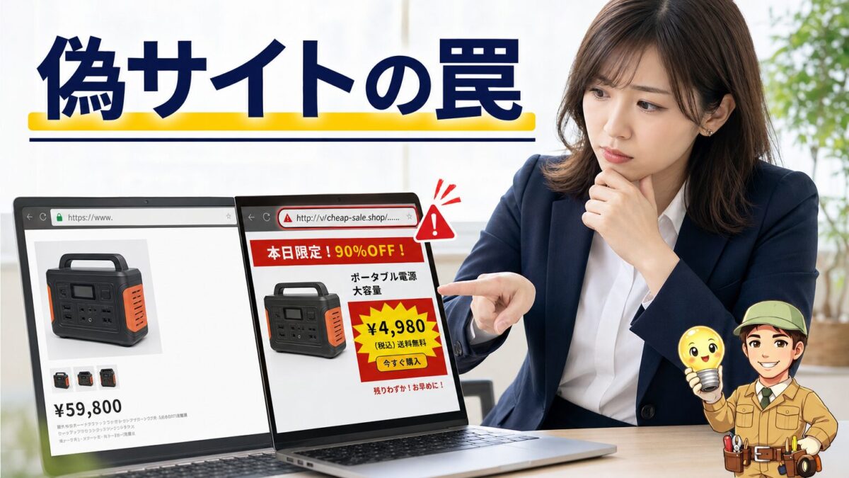 Jackeryの偽物や偽サイトの危険性をパソコン画面で確認する画像
