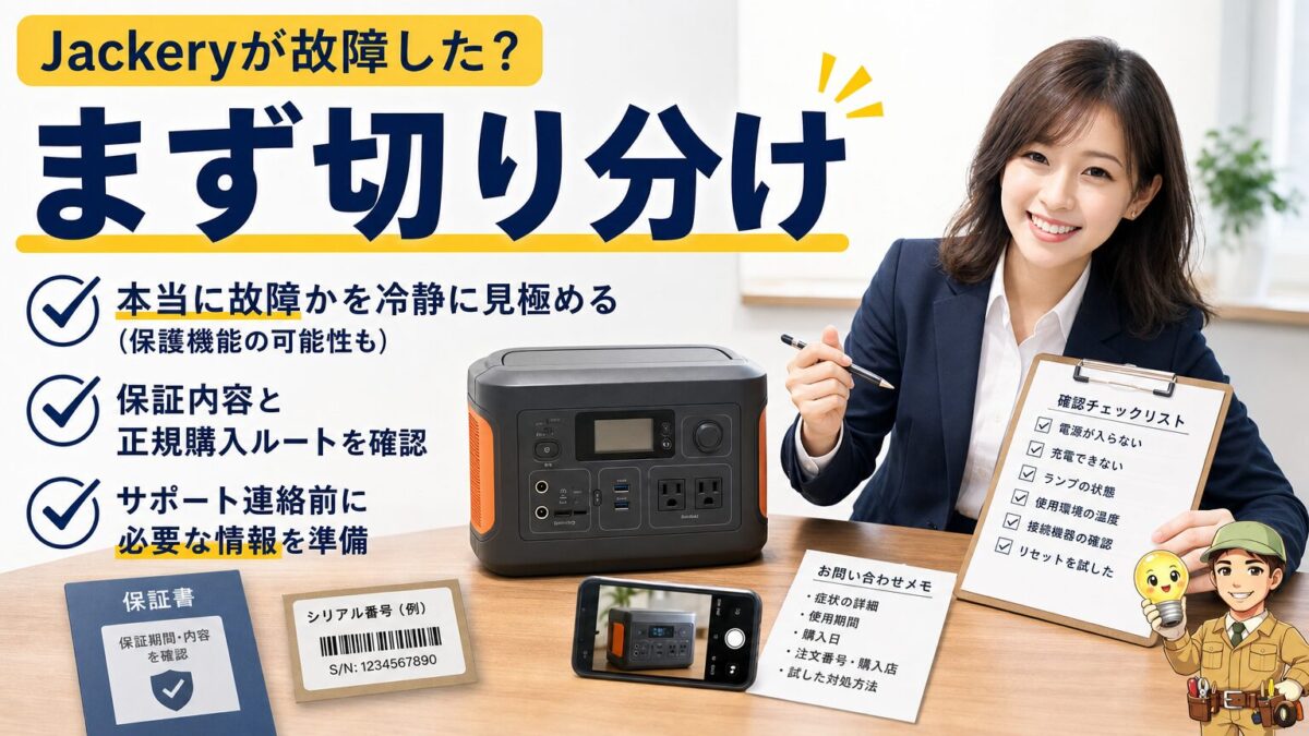 Jackeryが故障したと感じた時にまず確認する項目を示す画像