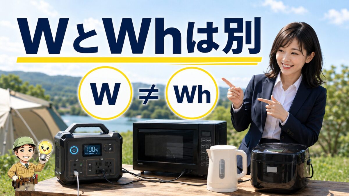 ポータブル電源で高出力家電を使う際にWとWhの違いを示す画像