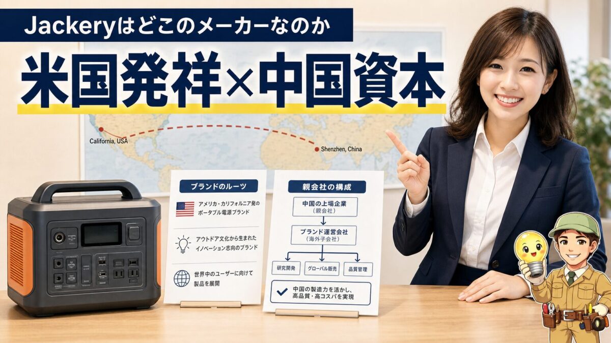 Jackeryがアメリカ発祥で中国親会社を持つグローバル企業であることを示す画像