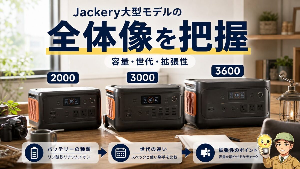 Jackery大型モデルの容量や世代や拡張性の全体像を示す画像