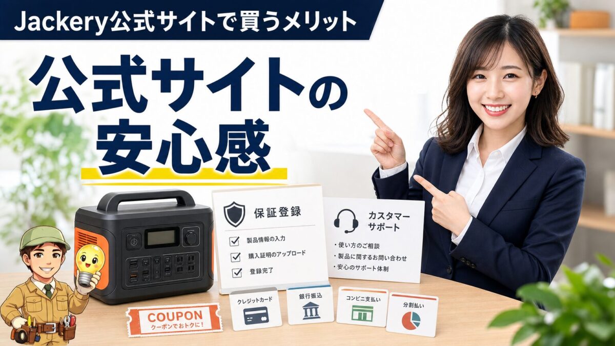 Jackery公式サイトで買うメリットを保証書やクーポンと一緒に表した見出し画像