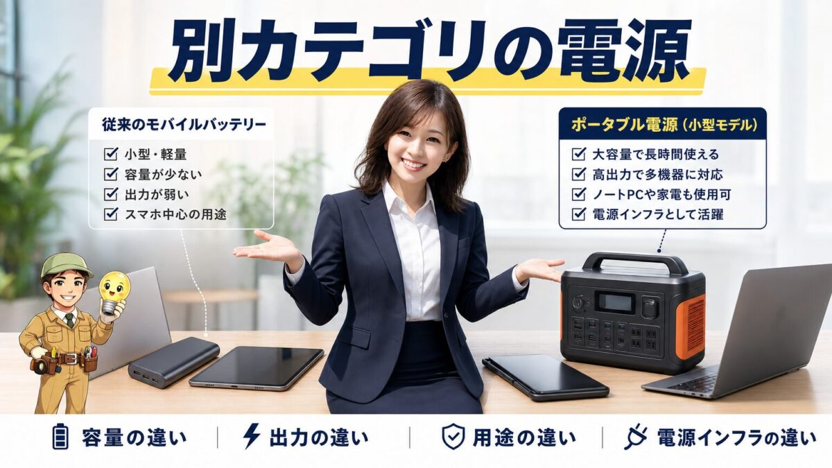 Jackery100Plusと一般的なモバイルバッテリーの違いを比較する画像