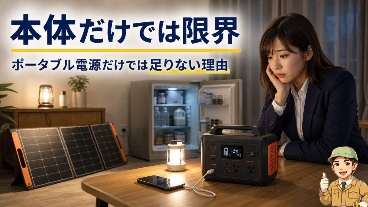 ポータブル電源本体だけでは長期停電に限界があることを示すイメージ