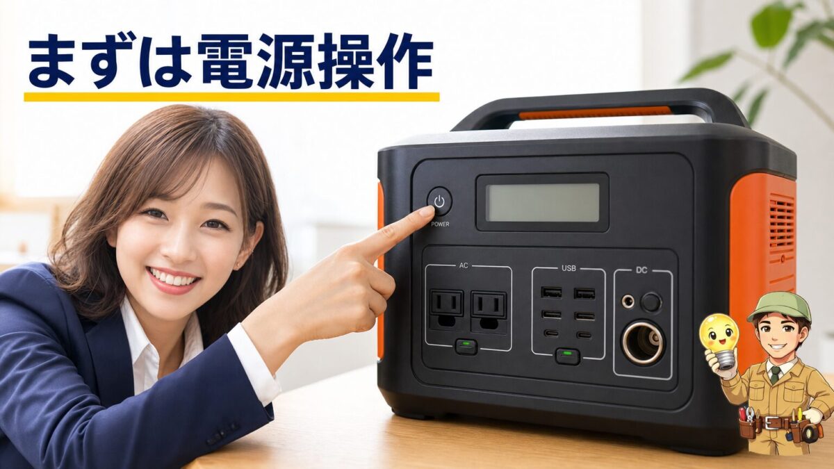 Jackeryの基本的な電源操作と出力ボタンの使い方を示す画像