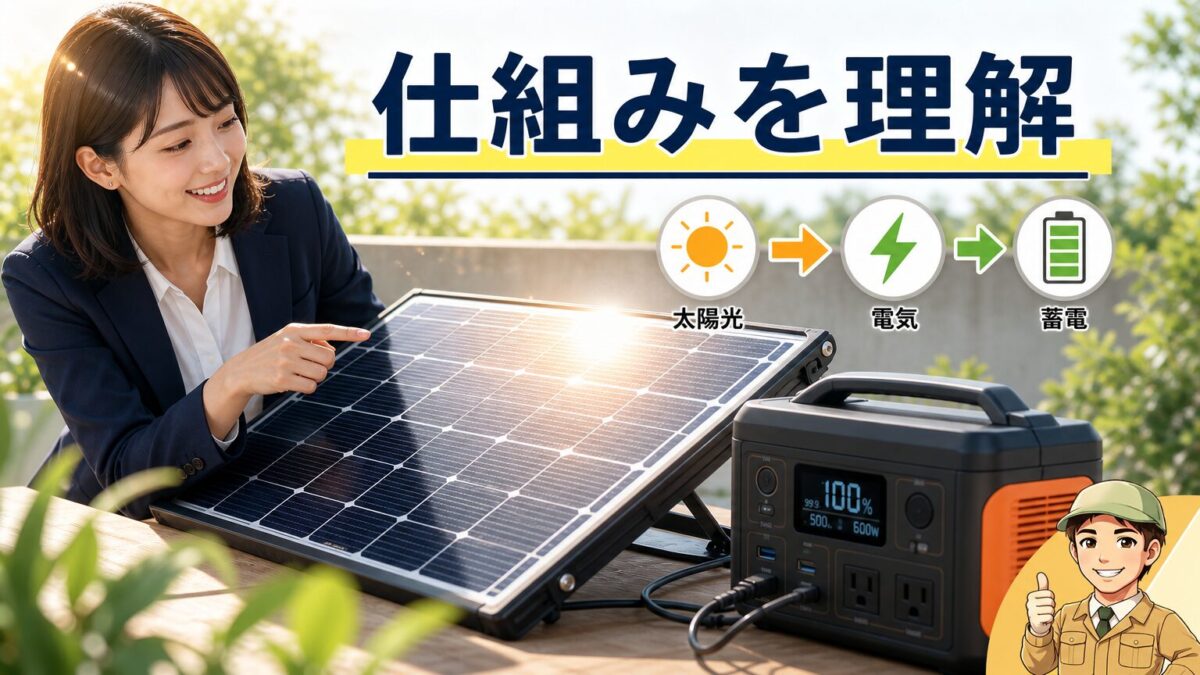 ソーラー充電の基本とポータブル電源に電気が蓄えられる仕組みを表す画像