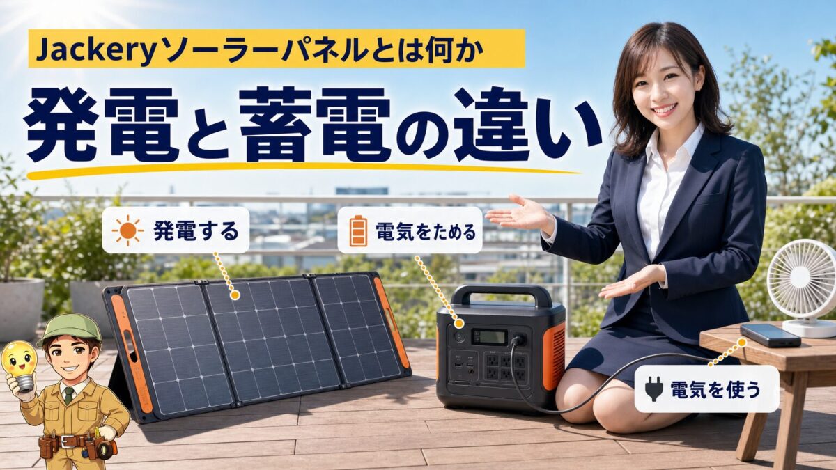 Jackeryソーラーパネルとポータブル電源の役割の違いを示す画像