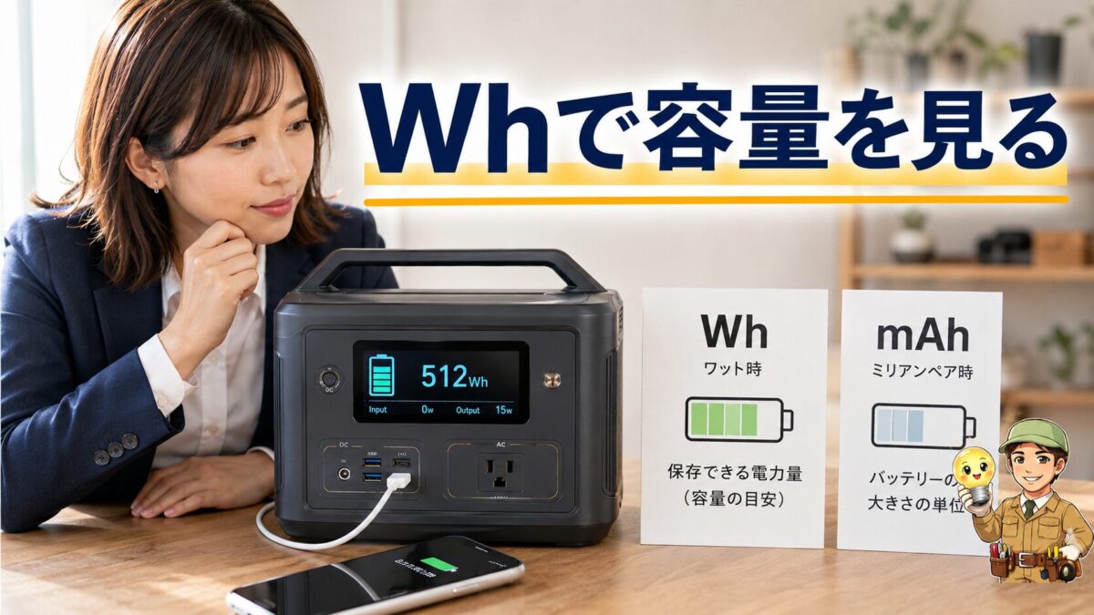 ポータブル電源の容量をWhで確認する基本知識を示した画像