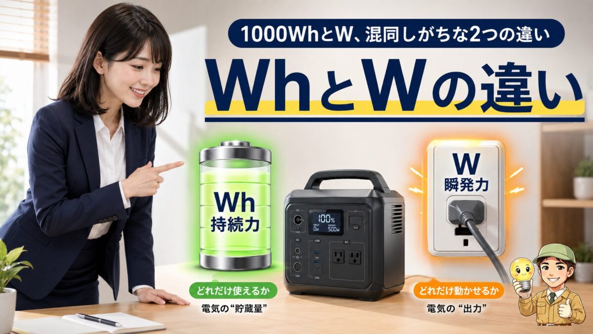ポータブル電源のWhとWの違いをわかりやすく示した画像