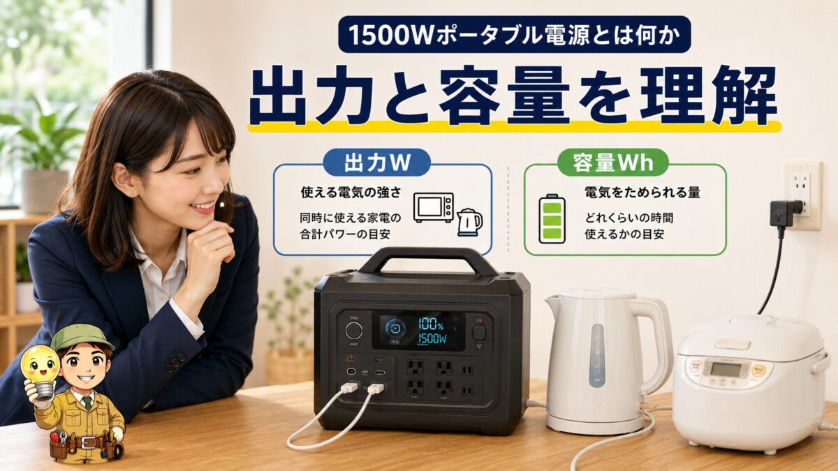 1500Wポータブル電源の出力と容量の違いをわかりやすく示す画像