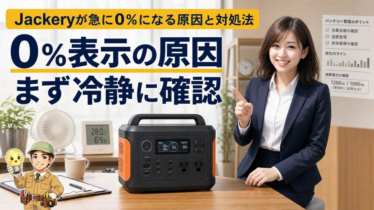 Jackeryが急に0%になる原因と対処法を表す画像