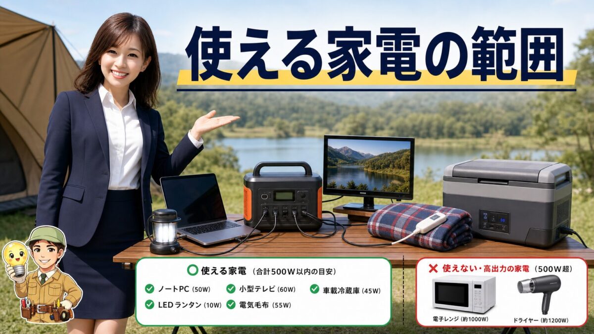 Jackery 708で使える家電と使えない家電の範囲を示す画像