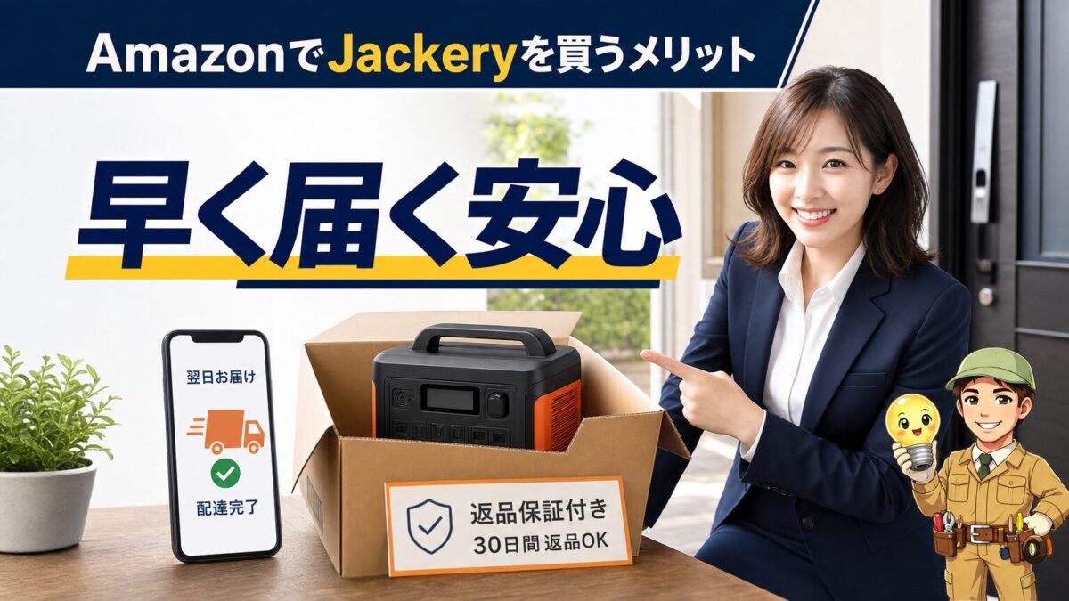 AmazonでJackeryを買うメリットを配送と返品条件で表した見出し画像