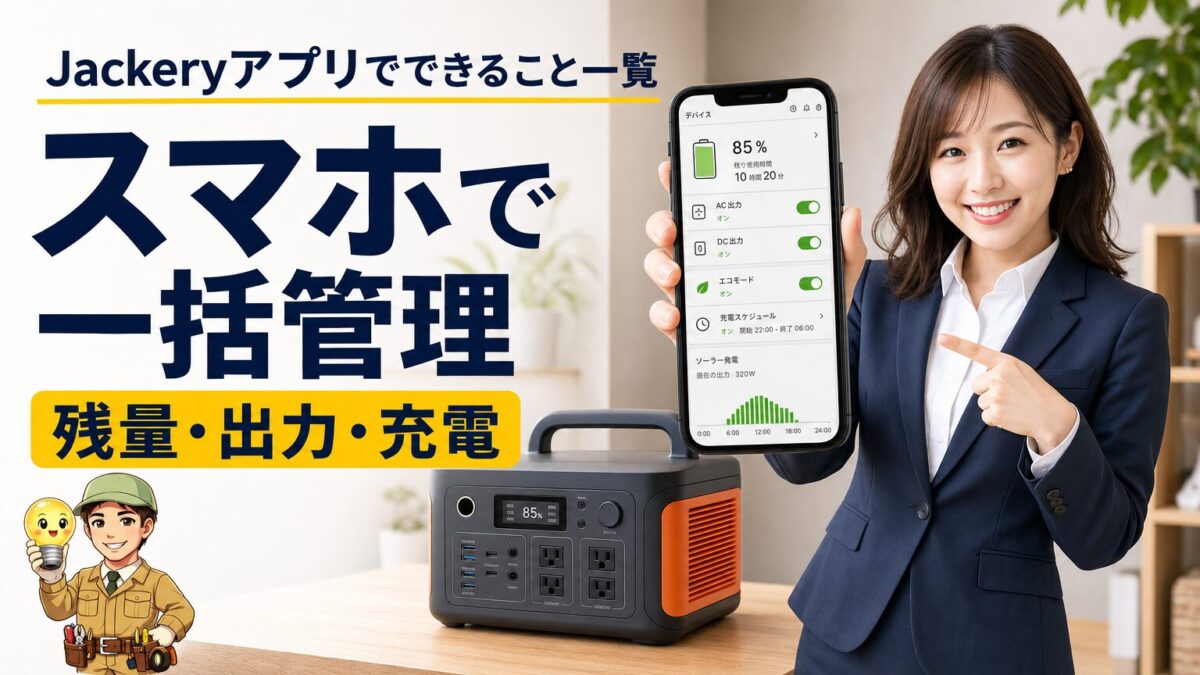 Jackeryアプリで残量確認や出力操作を管理するスマホ画面のイメージ画像