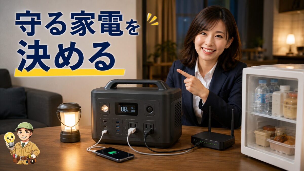 停電時に優先して守る家電と通信機器を示す画像