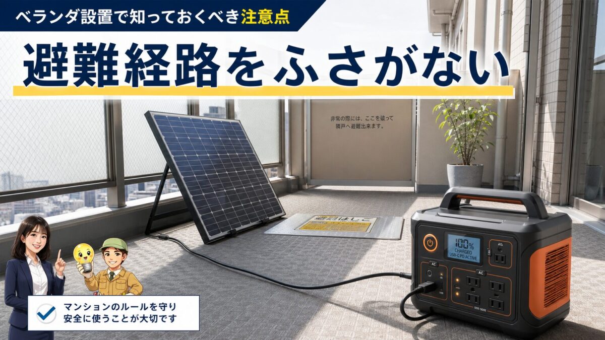ベランダでソーラーパネルを設置する際の避難経路と安全確認の画像
