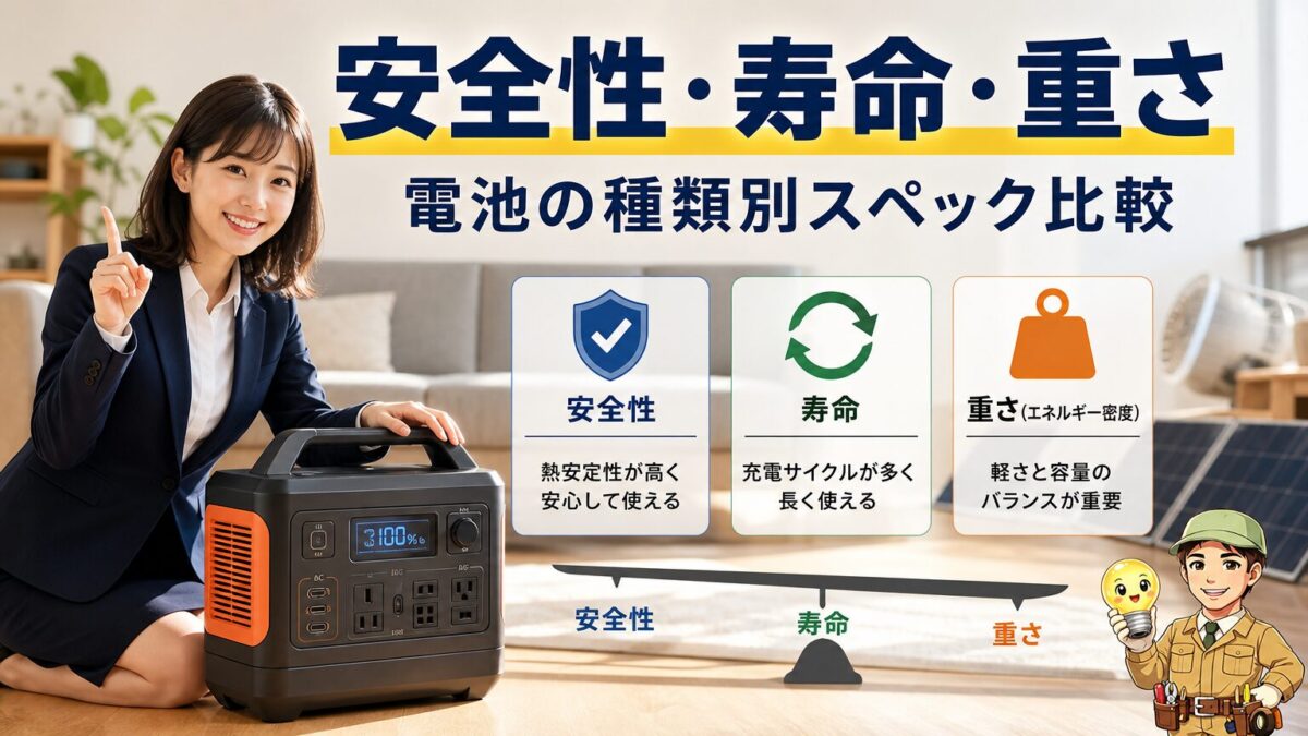 安全性や寿命や重さでポータブル電源の安全性や寿命や重さでポータブル電源の電池スペック安全性や寿命や重さでポータブル電源の電池スペックを比較する画像比較する画像電池スペックを比較する画像