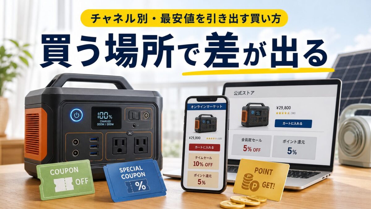 ポータブル電源を購入するチャネルごとの価格差と特典を表した画像