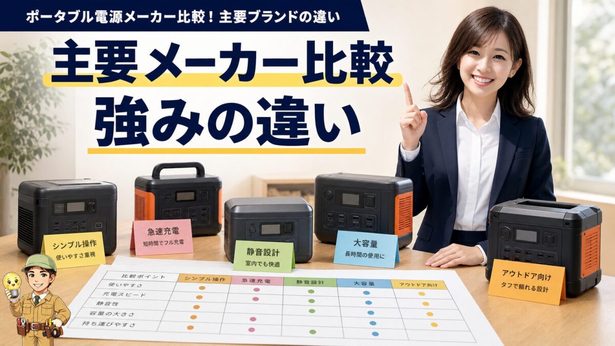 主要ポータブル電源メーカーの特徴比較を表す画像