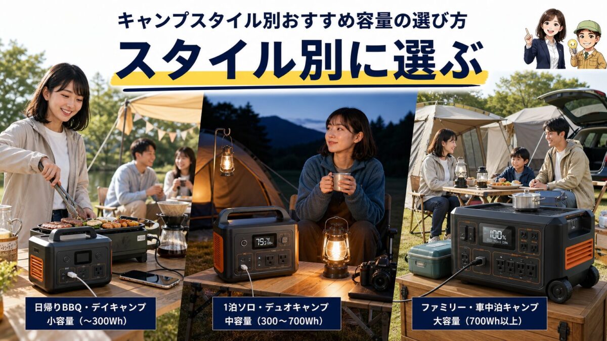 キャンプスタイル別にポータブル電源容量を選ぶ画像