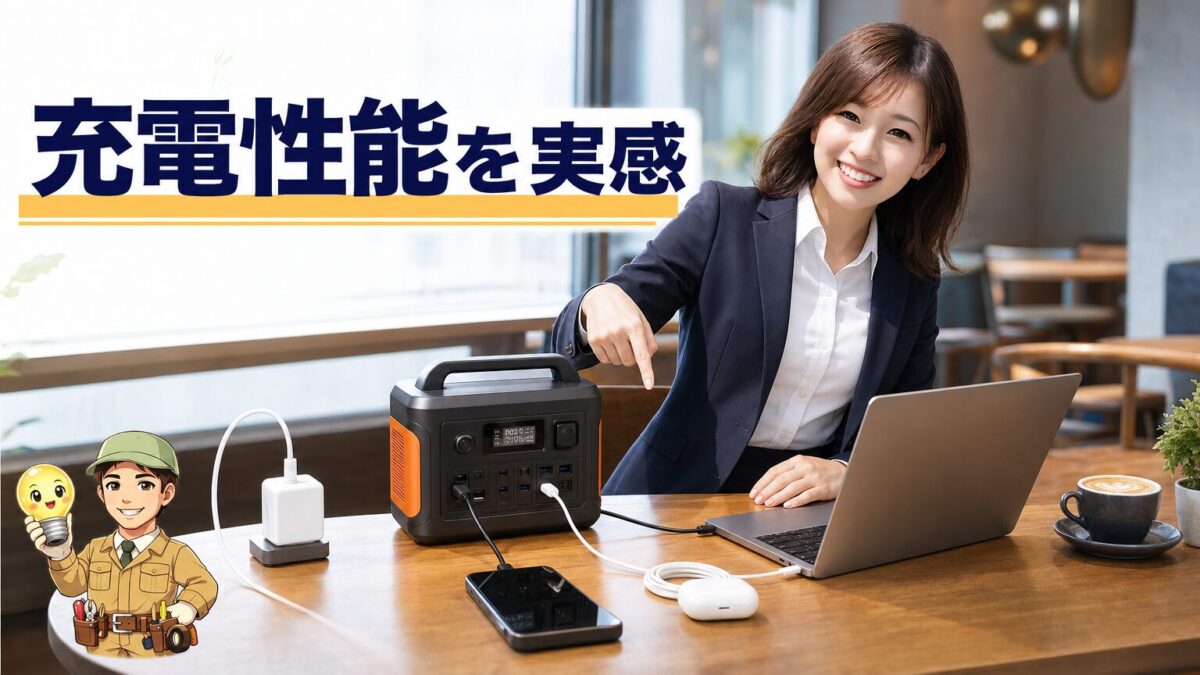 Jackery Explorer 100 Plusの充電性能と使い勝手を示す画像