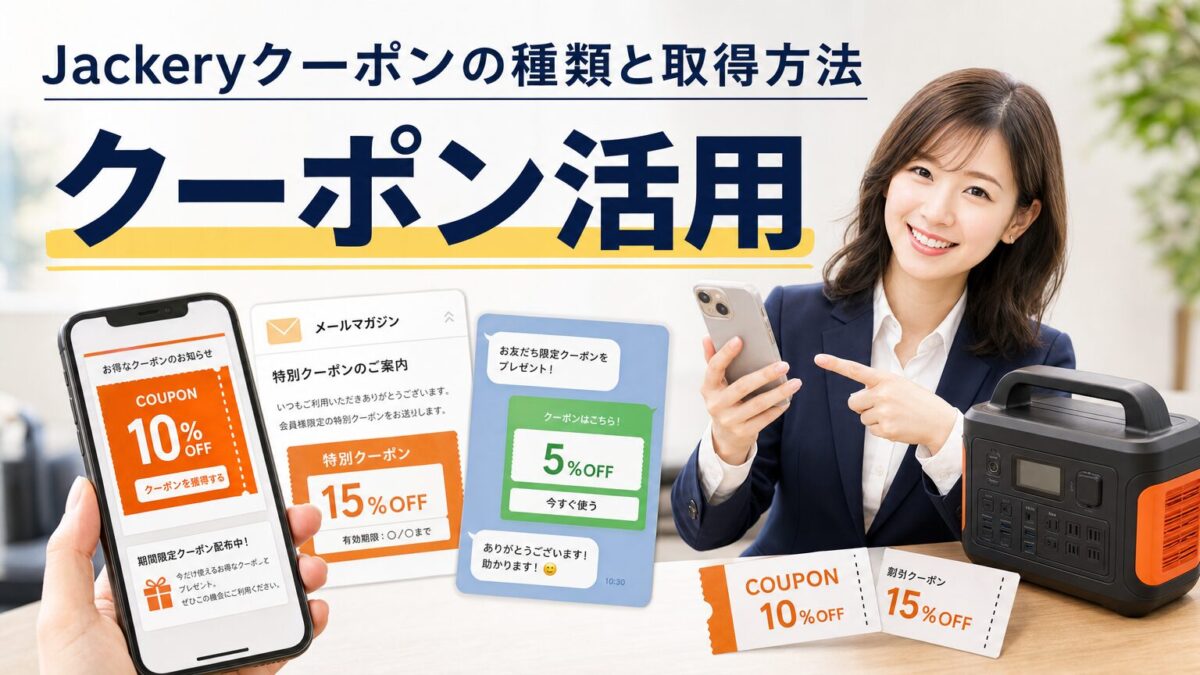 Jackeryクーポンの種類と取得方法をスマートフォンと割引券で表した見出し画像
