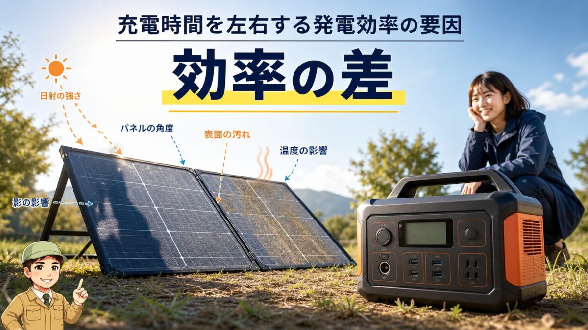 ソーラーパネルの発電効率を左右する温度や角度や影の要因を示す画像