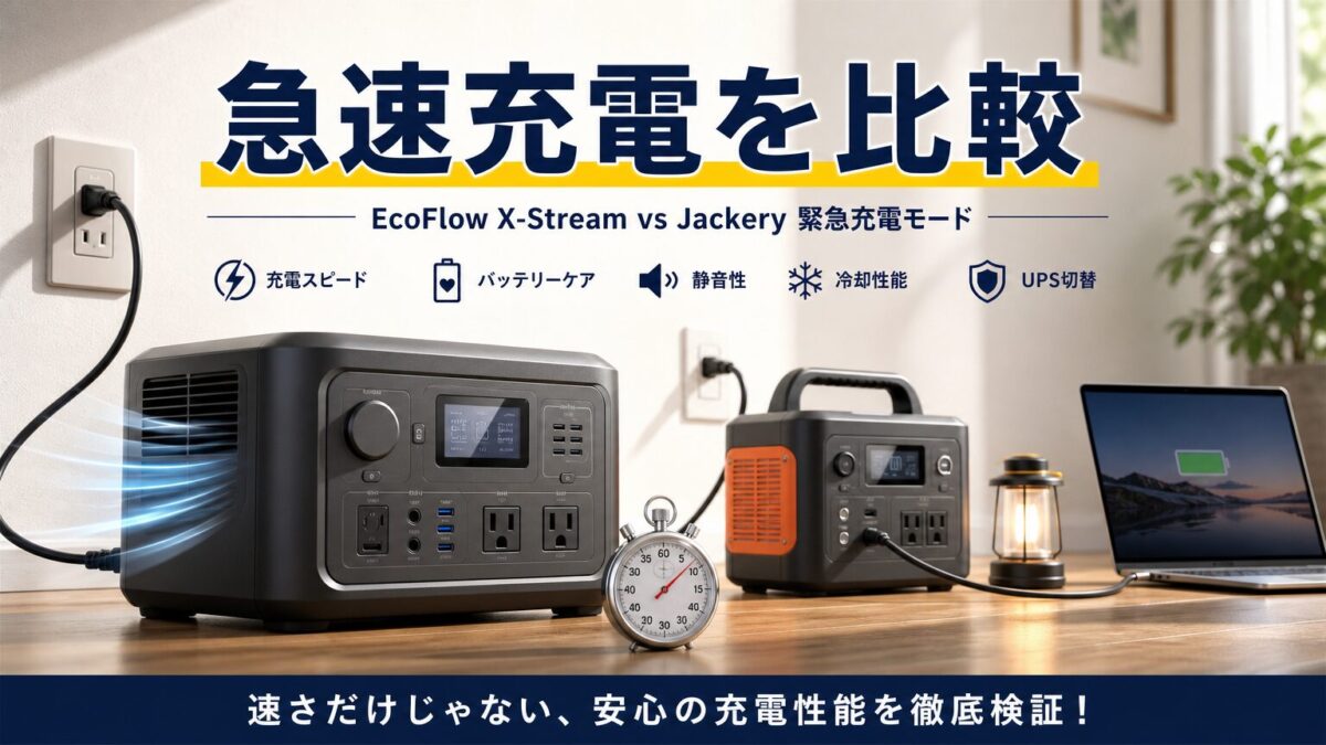 JackeryとEcoFlowの急速充電性能を比較する画像