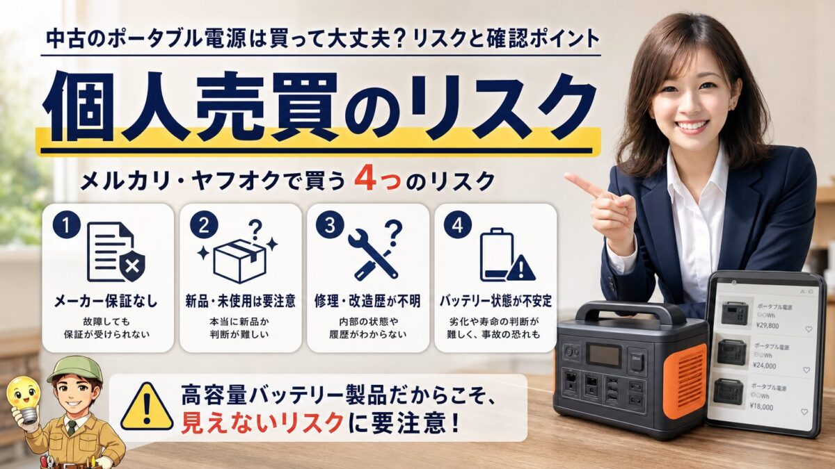 メルカリやヤフオクで中古ポータブル電源を買うリスクを示す画像